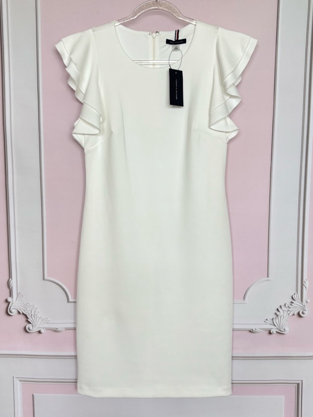 TOMMY HILFIGER White Short Flutter Cap Sleeve Scuba Sheath Dress--NWT--10 - Picture 7 of 16